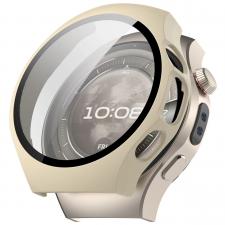 Accesorii Huawei Watch, Carcasa cu protectie ecran din sticla securizata BizonMobile compatibila cu Huawei Watch 5 46mm, Bej, lerato.ro