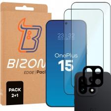 Folii protectie telefoane OnePlus 15, Set protectie 3in1 Bizon Glass Edge Pack, 2 folii sticla ecran + 1 folie sticla camera foto, compatibil cu OnePlus 15, Negru, lerato.ro