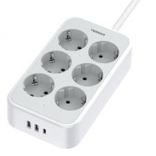 Prize smart WiFi, Prelungitor pentru interior TESSAN TS-PS02DE00, 6 prize, 2xUSB-A, 1xUSB-C, 2500W, 10A, 2m, Alb, lerato.ro