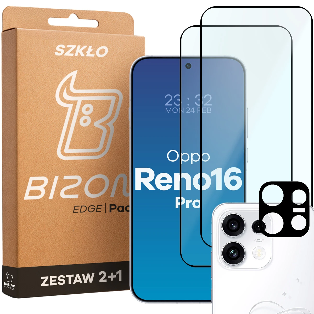 Cutia și setul de folii pentru OPPO Reno16 Pro: 2 folii de sticlă securizată și lentilă