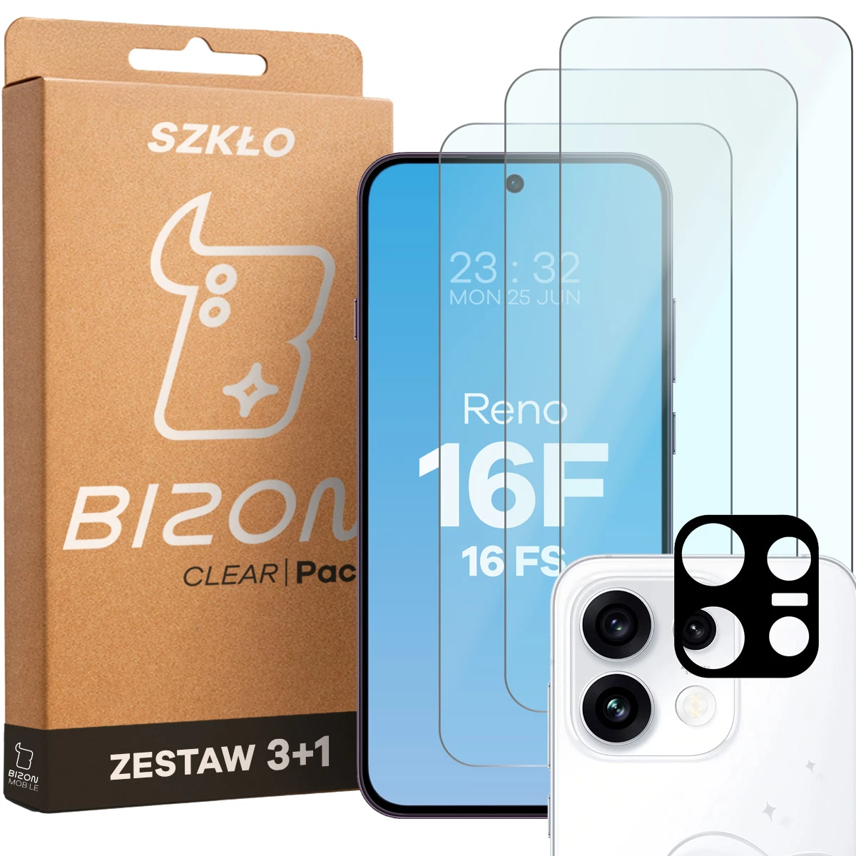 Cutia și setul de folii pentru OPPO Reno16 F, OPPO Reno16 FS: 3 folii de sticlă securizată și lentilă